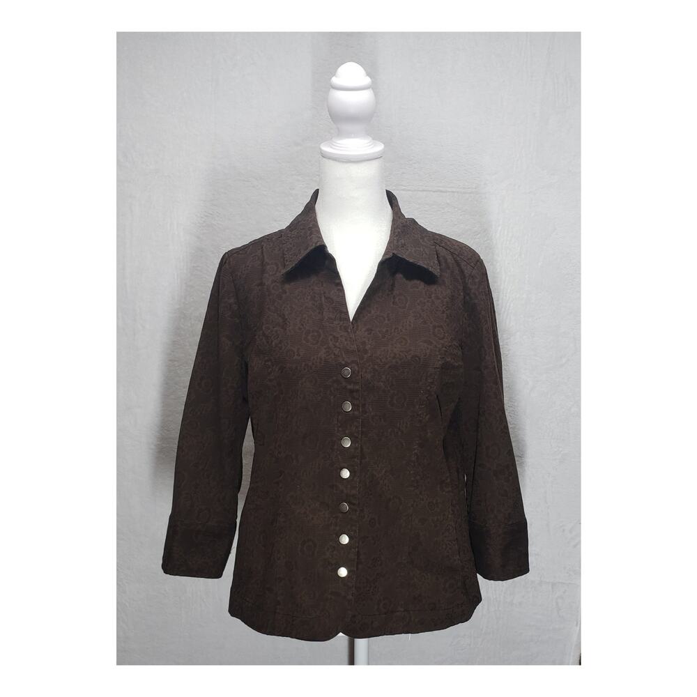 Christopher & Banks Brown Jacquard Floral Button Top M Y2K Textured  Earthy Chic